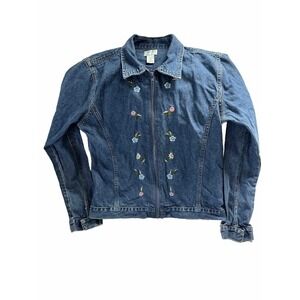 Bugle Boy Women's Size L Jean Jacket Embroidered‎ Flowers Zip Up Denim VTG